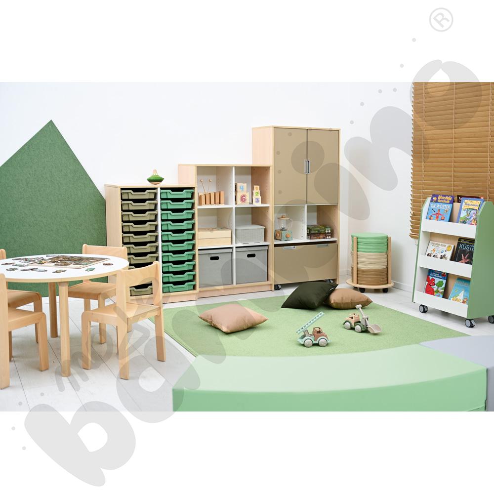 Quadro - dwustronna biblioteczka mobilna, oliwkowa, skrzynia klon jasny