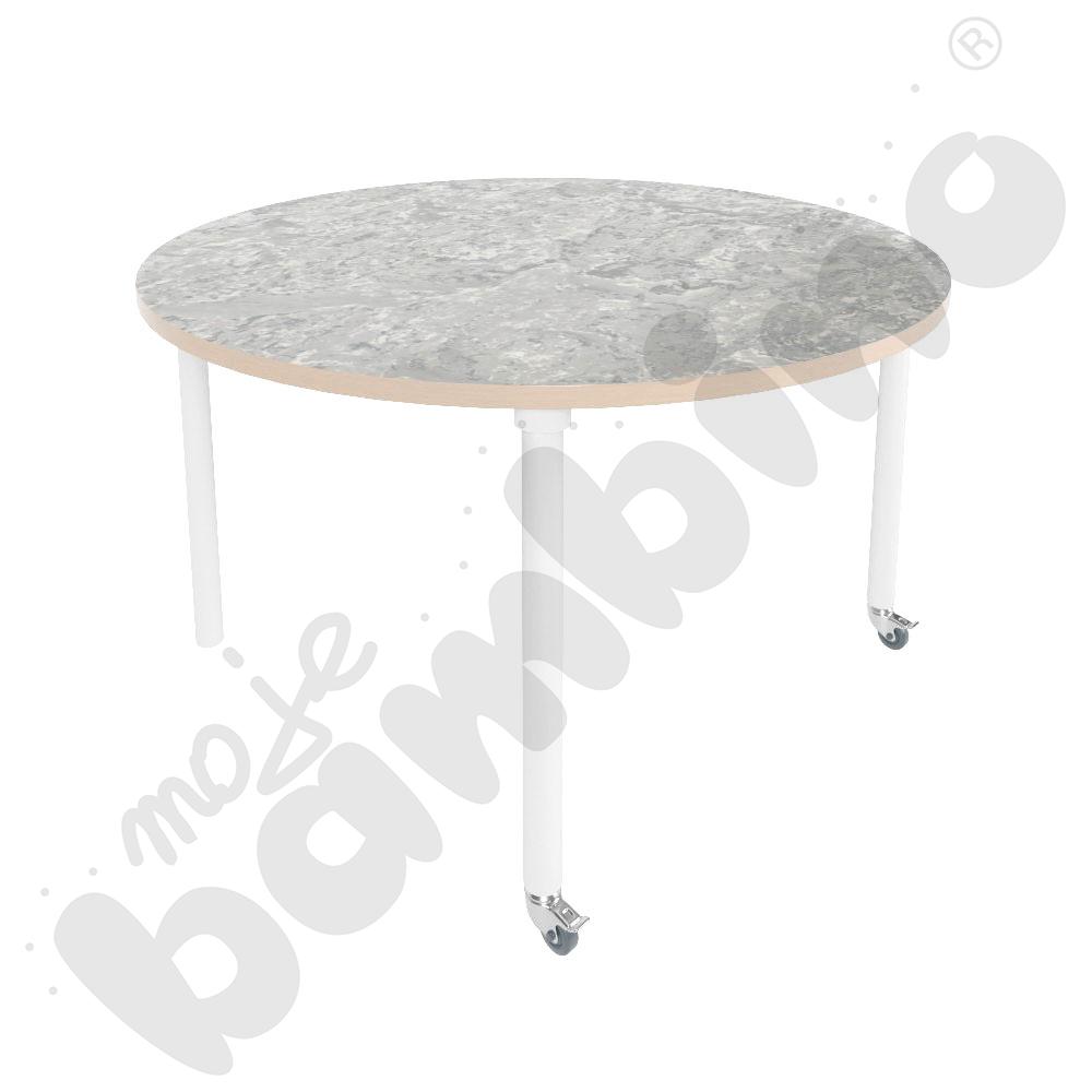 Stół Marcus śr. 120 cm, rozm. 5, nogi drewniane białe z 2 kółkami, blat cichy jasnoszary, obrzeże ABS