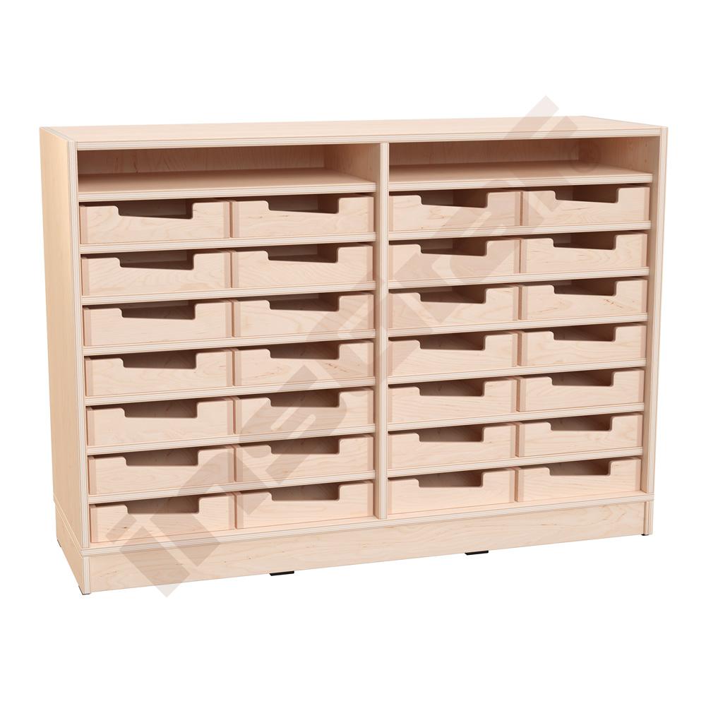 
Echtholz Regal M, B 121 cm, 28 Holzkästen H7, auf Sockel
