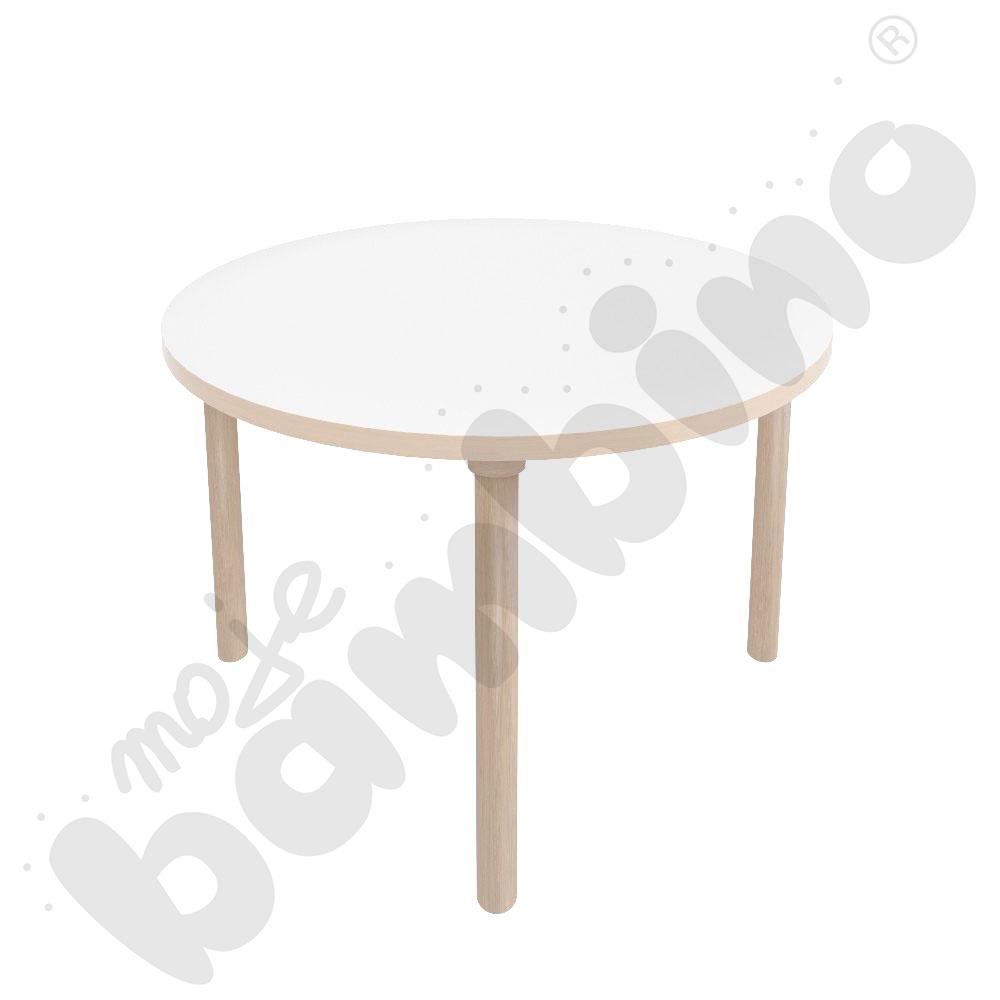 Stół Marcus okrągły 90 x 90 rozm. 3, stelaż drewniany brzozowy, stopka drewniana, blat HPL biały, narożniki zaokrąglone