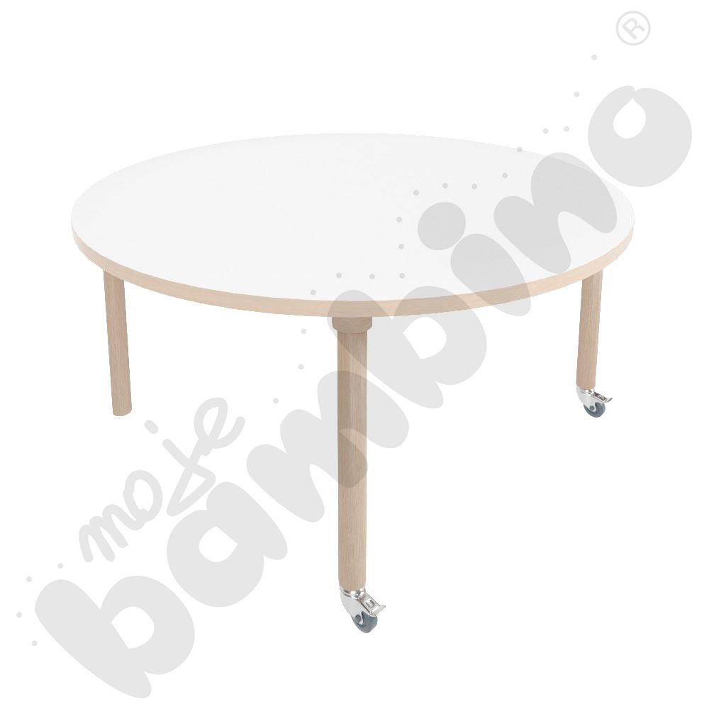 Stół Marcus śr. 120 cm, rozm. 3, nogi drewniane brzozowe z 2 kółkami, blat biały, obrzeże ABS
