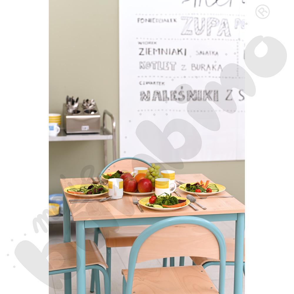 Stół Mila 80 x 80 klon jasny z 4 krzesłami P, rozm. 6, turkusowe
