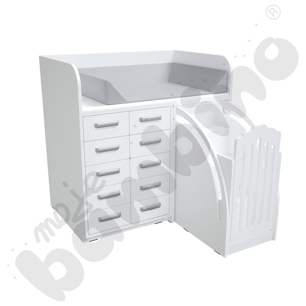 Przewijak szer. 115 cm, gł. 75 cm, ze schodami – materac szary, skrzynia biała