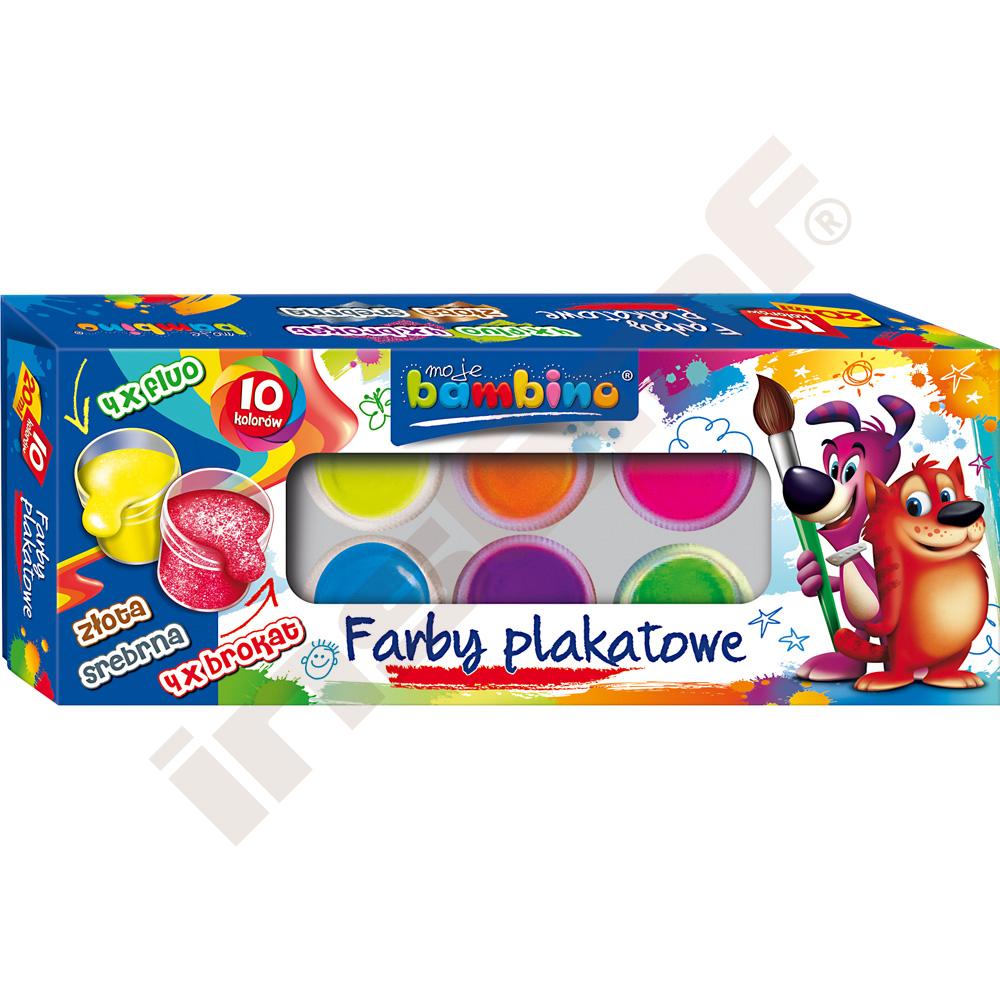 Plagátové farby 10 odtieňov (4x fluo, 4x brokát, strieborná, zlatá)