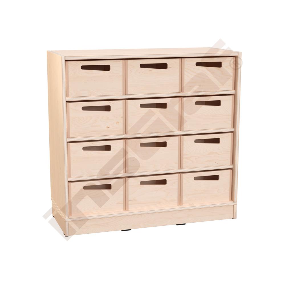 
Echtholz Regal M, 12 Holzkästen H16, auf Sockel
