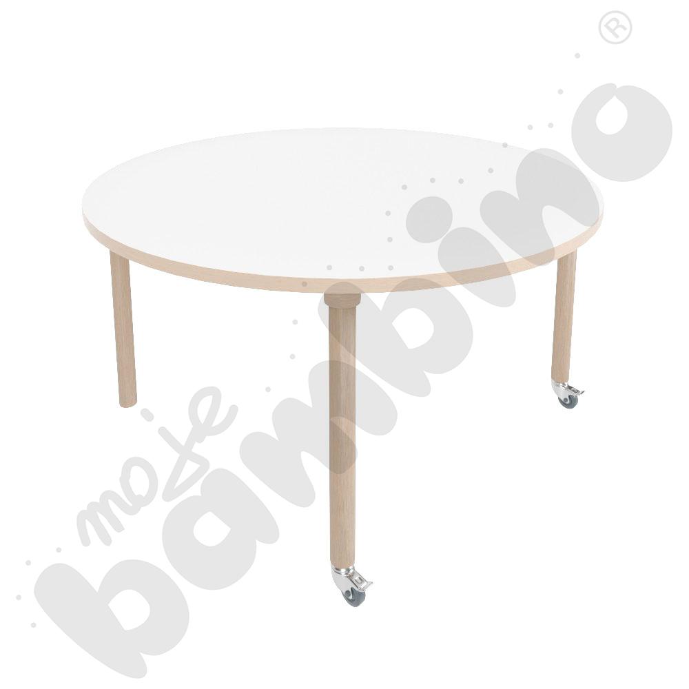 Stół Marcus śr. 120 cm, rozm. 4, nogi drewniane brzozowe z 2 kółkami, blat biały, obrzeże ABS