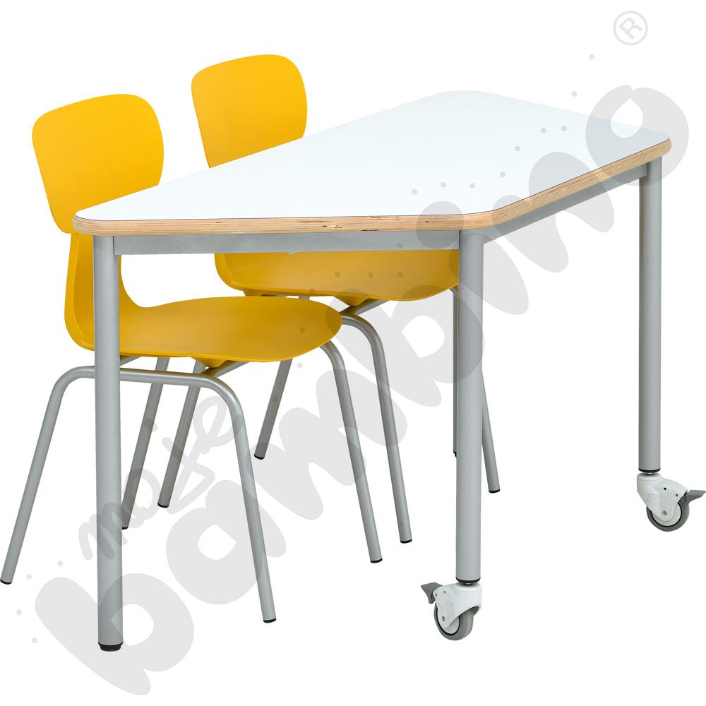 Stół Mila trapezowy biały HPL z krzesłami Ergo żółtymi, rozm. 5