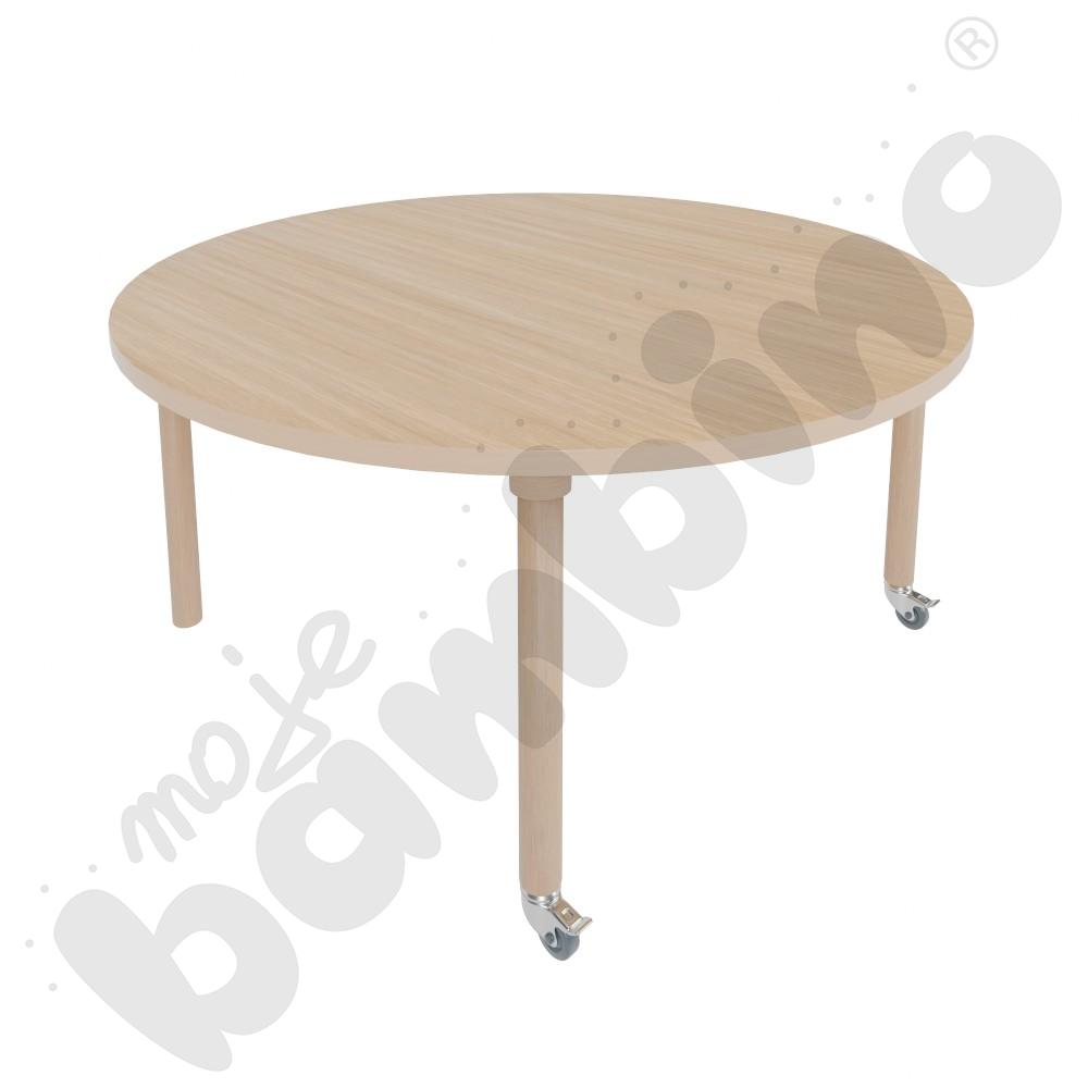 Stół Marcus śr. 90 cm, rozm. 4, nogi drewniane brzozowe z 2 kółkami, blat HPL klon, obrzeże ABS
