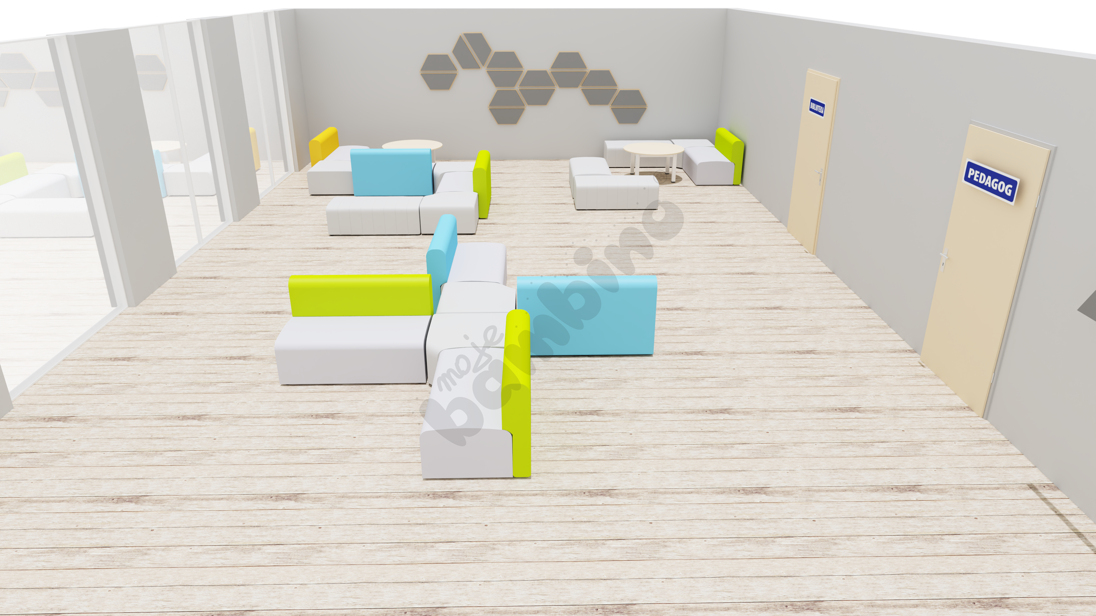 Strefa odpoczynku na korytarzu szkolnym