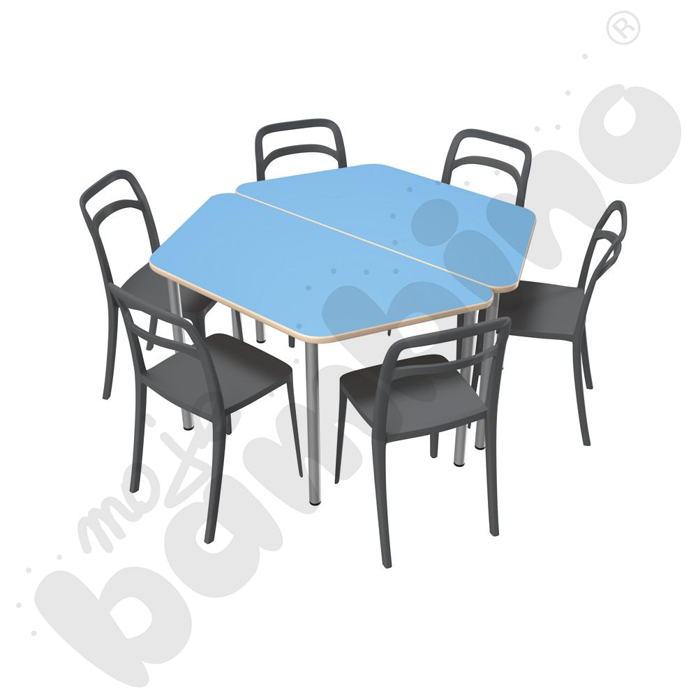 Stół Mila trapezowy jasnoniebieski HPL z 6 krzesłami Leon szarymi, rozm. 6