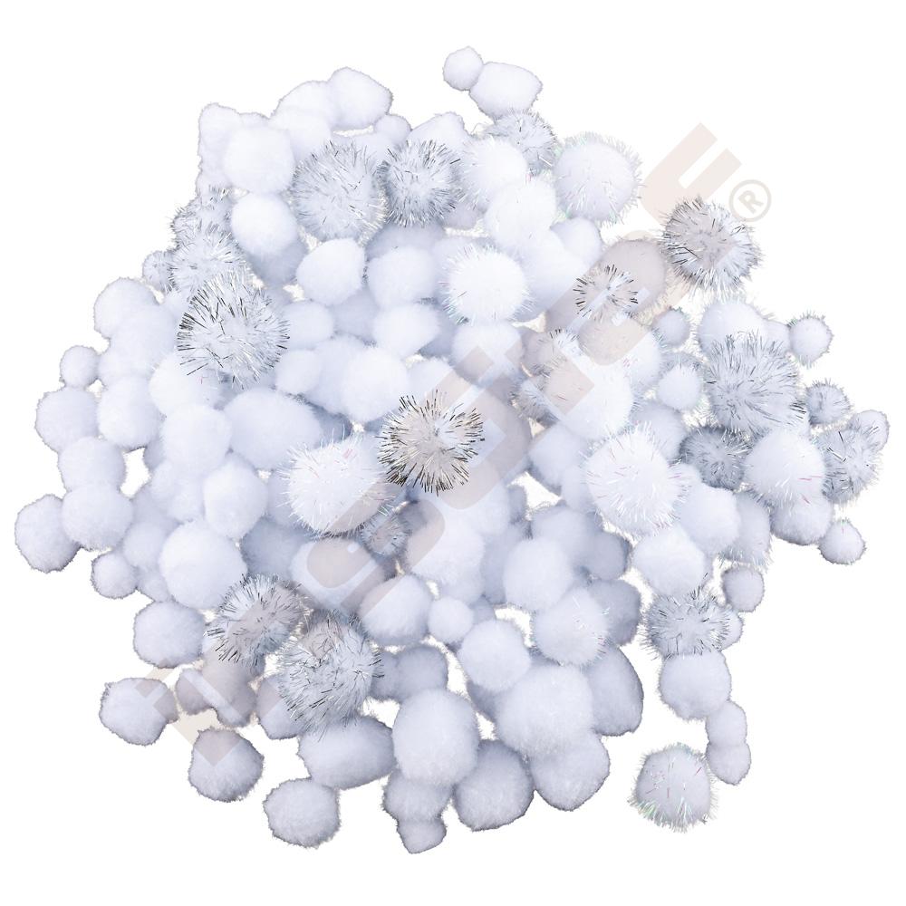 Pompons, 200 Stck. - weiß /silber