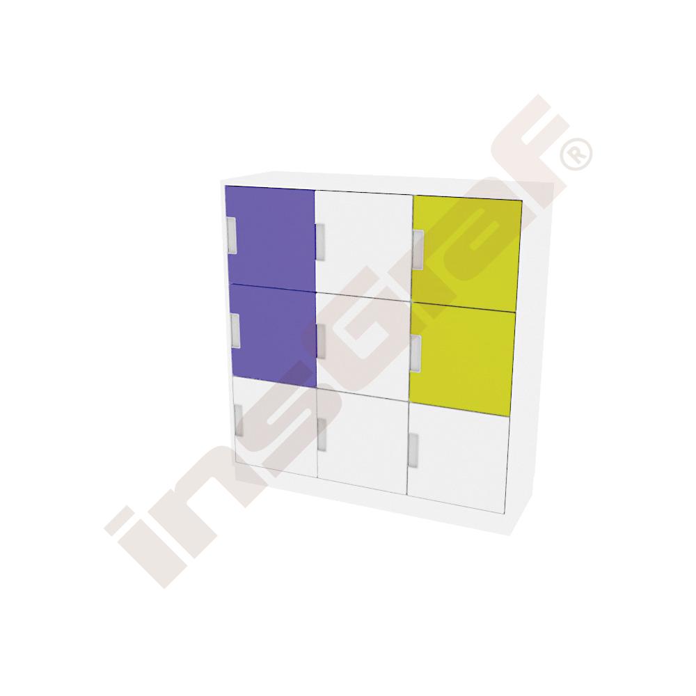 
Schrank L mit 9 Türen, B 116, weiß - weiß/blau/limone (Quadro 38W-180°)
