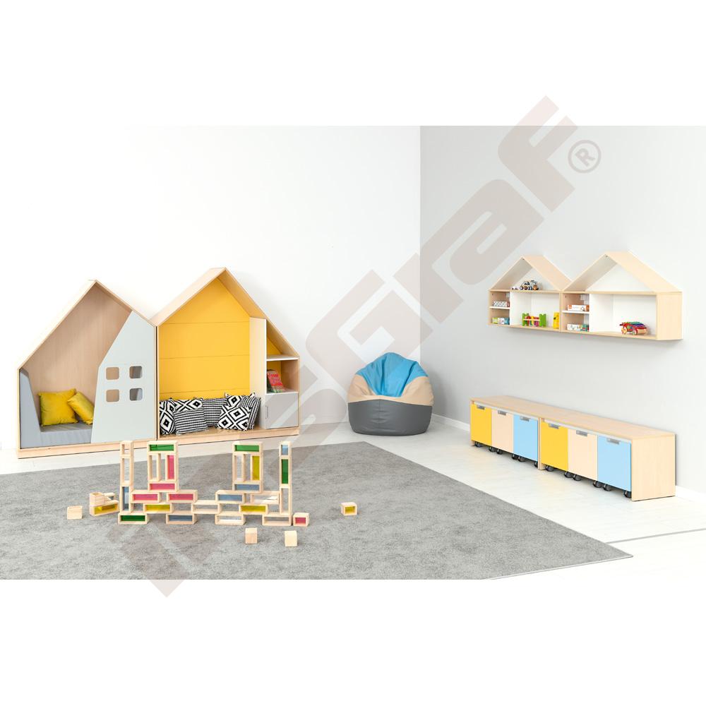 Quadro - skříňka-domeček se 2 policemi, korpus světlý javor, žlutá