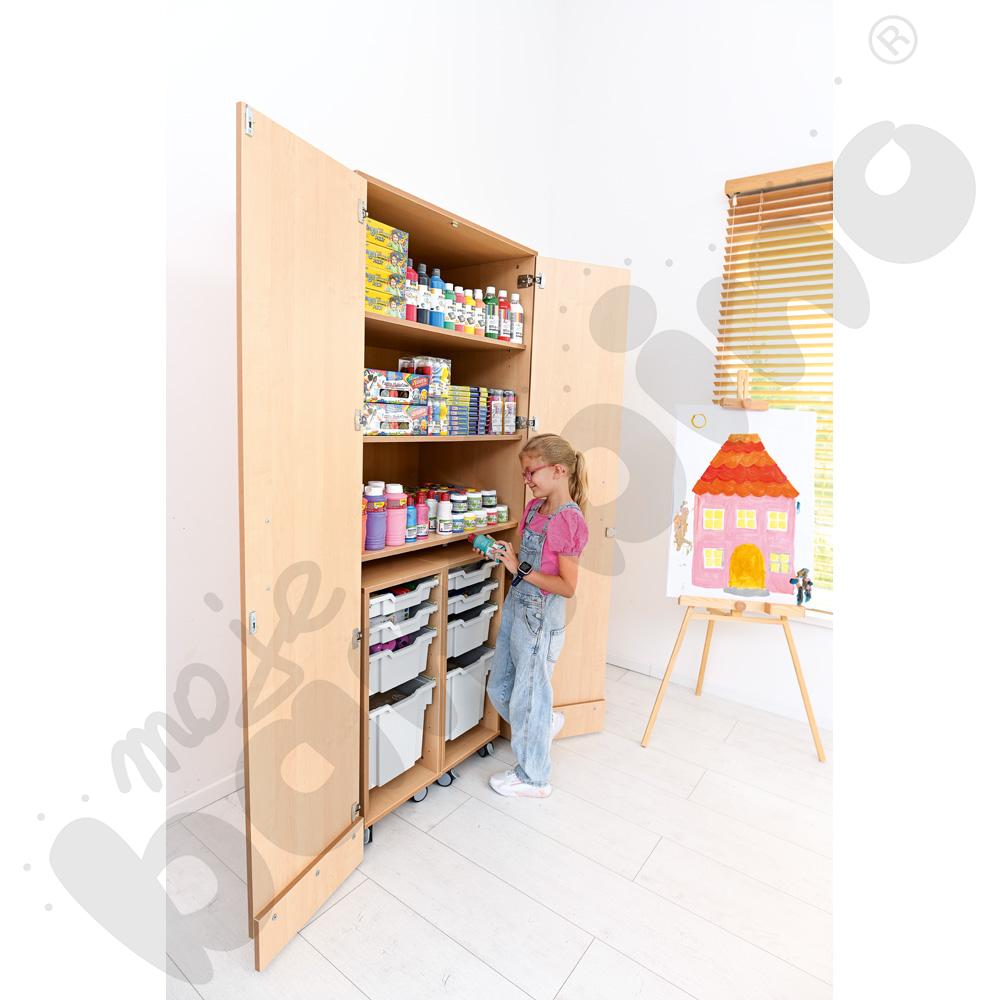 Szafa wysoka Flexi z mobilnymi organizerami i pojemnikami - jasnoszarymi