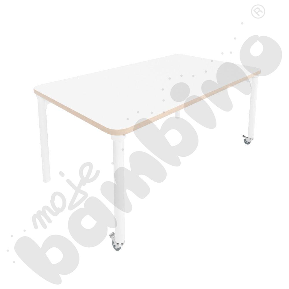 Stół Marcus 140 x 80 cm, rozm. 4, nogi drewniane białe z 2 kółkami, blat HPL biały, obrzeże ABS