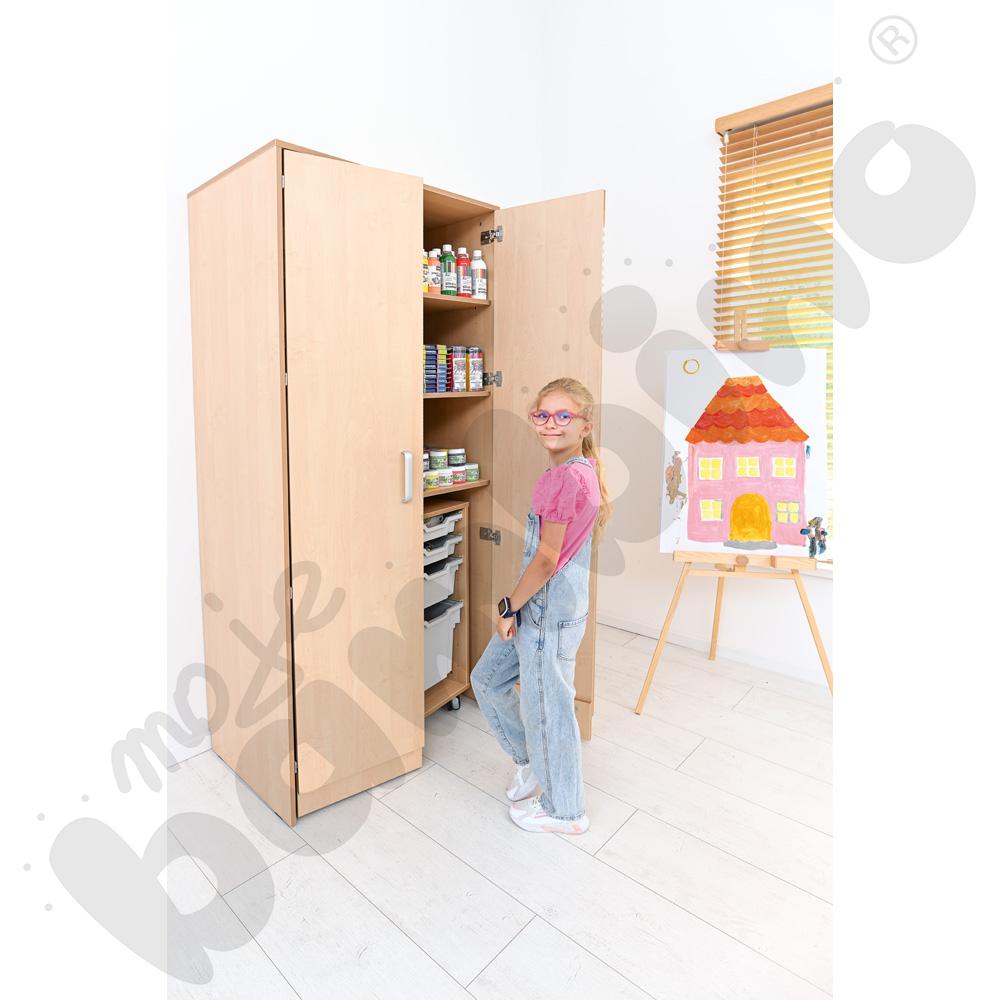 Szafa wysoka Flexi z mobilnymi organizerami i pojemnikami - jasnoszarymi