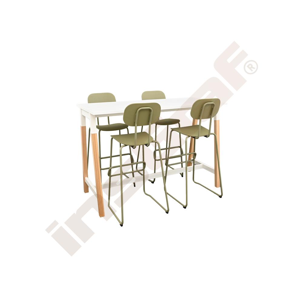 Vysoký stôl OgiW biely so 4 vysokými olivovými stoličkami New School 