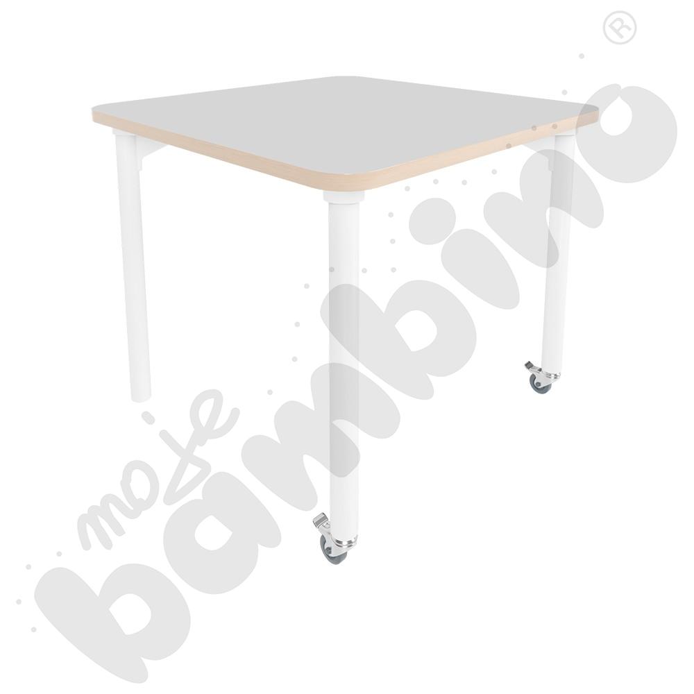 Stół Marcus 80 x 80 cm, rozm. 5, nogi drewniane białe z 2 kółkami, blat jasnoszary, obrzeże ABS