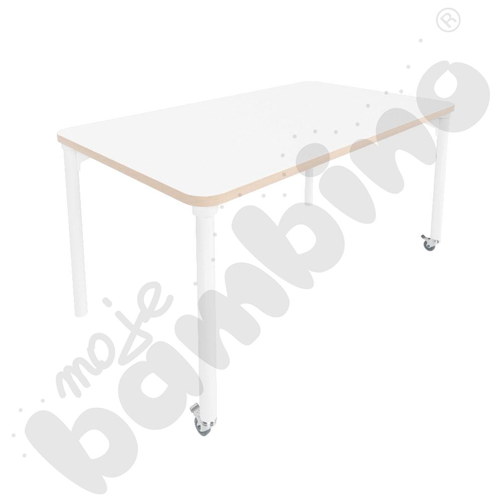 Stół Marcus 140 x 80 cm, rozm. 5, nogi drewniane białe z 2 kółkami, blat biały, obrzeże ABS