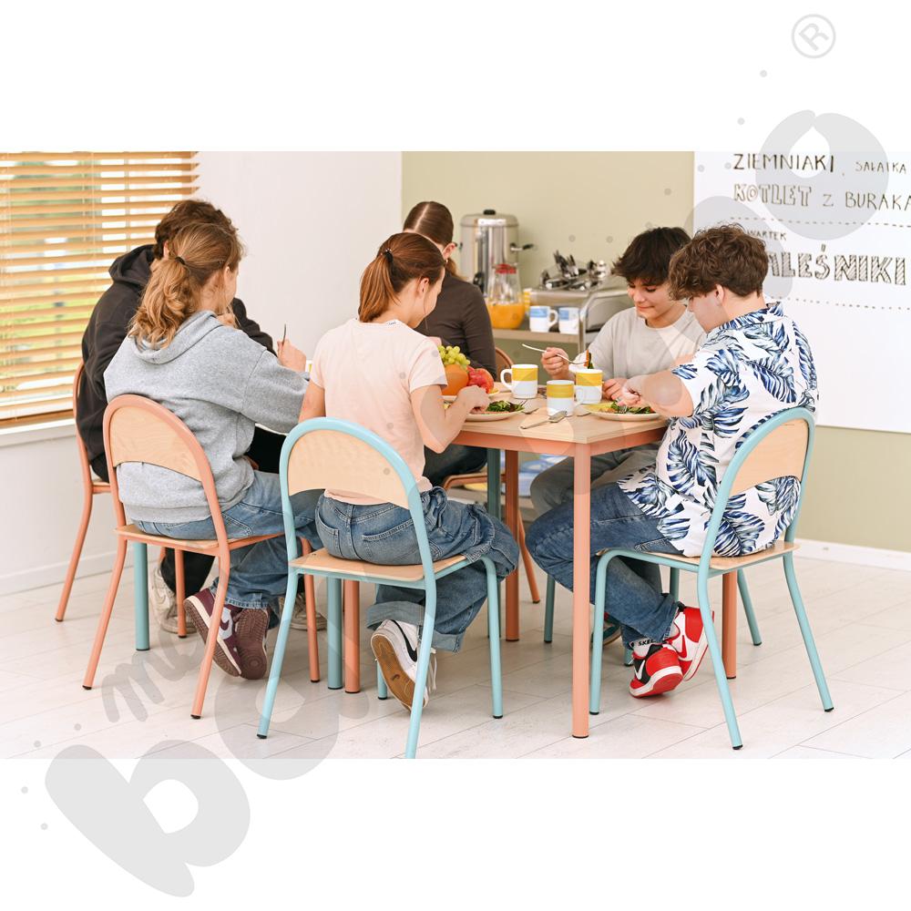 Stół Mila 80 x 80 klon jasny z 4 krzesłami P, rozm. 6, turkusowe