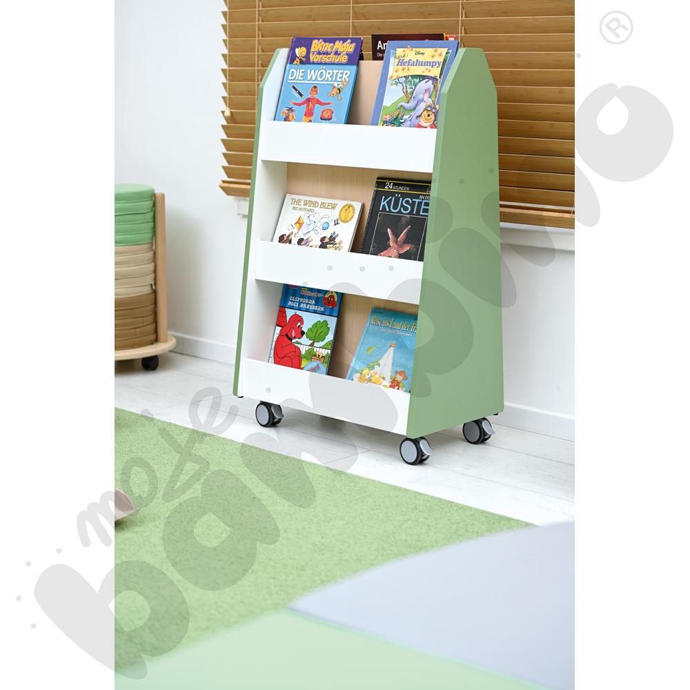 Quadro - dwustronna biblioteczka mobilna, oliwkowa, skrzynia klon jasny