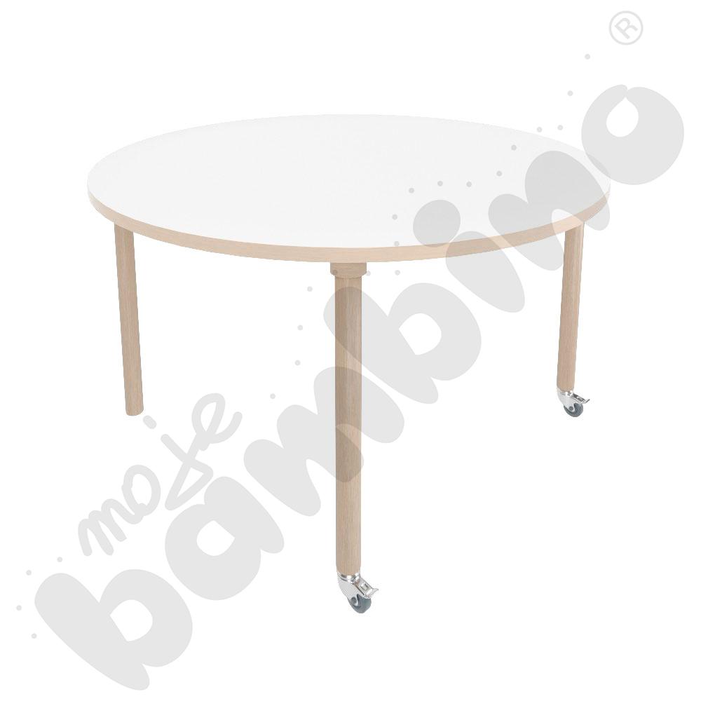 Stół Marcus śr. 120 cm, rozm. 5, nogi drewniane brzozowe z 2 kółkami, blat biały, obrzeże ABS