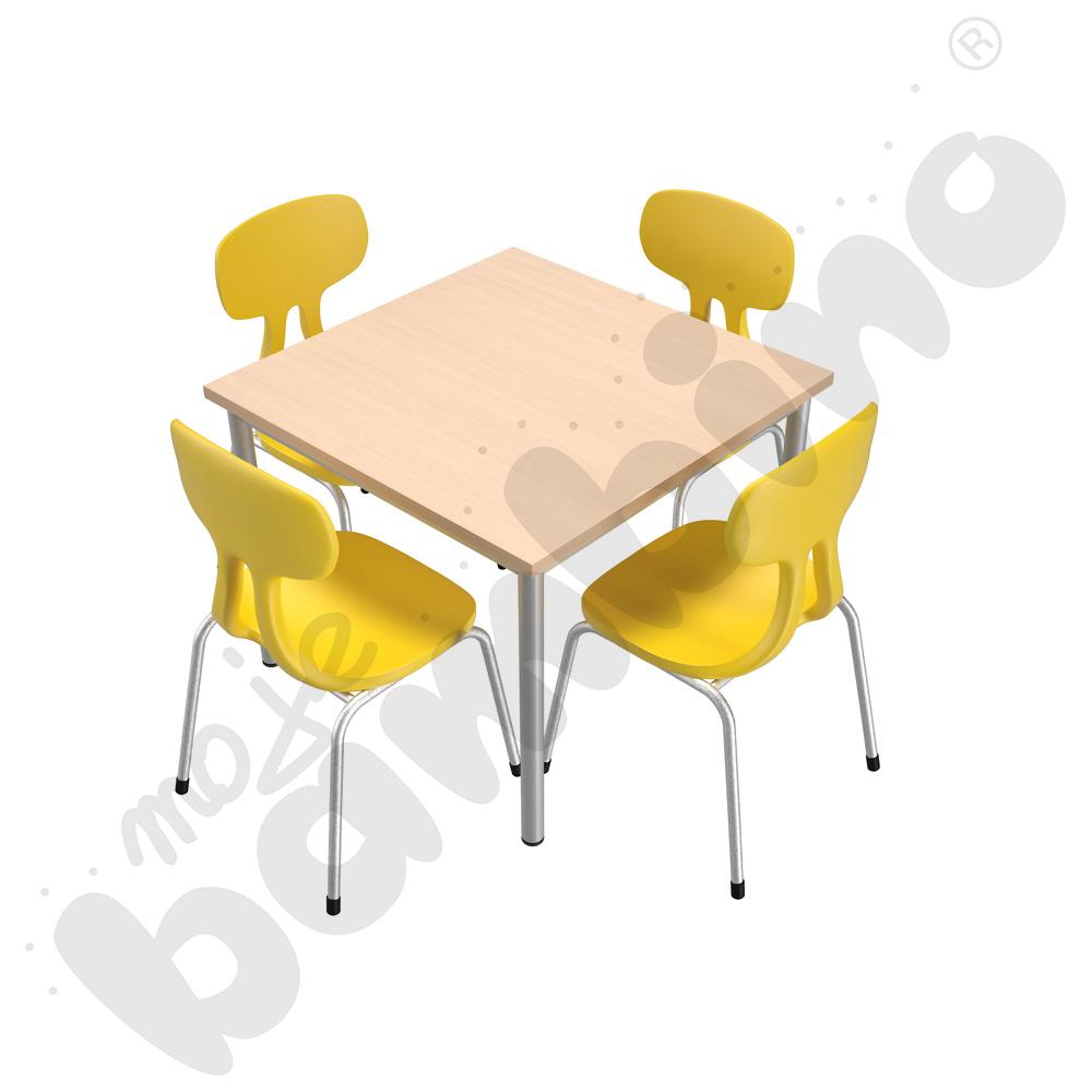 Stół Mila 80 x 80 klon z 4 krzesłami Colores żółtymi, rozm. 4