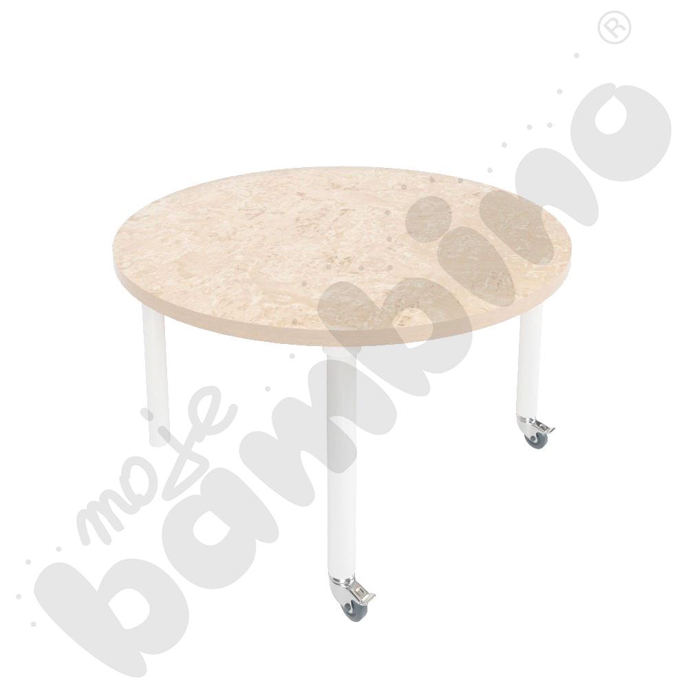 Stół Marcus śr. 90 cm, rozm. 2, nogi drewniane białe z 2 kółkami, blat cichy beżowy, obrzeże ABS