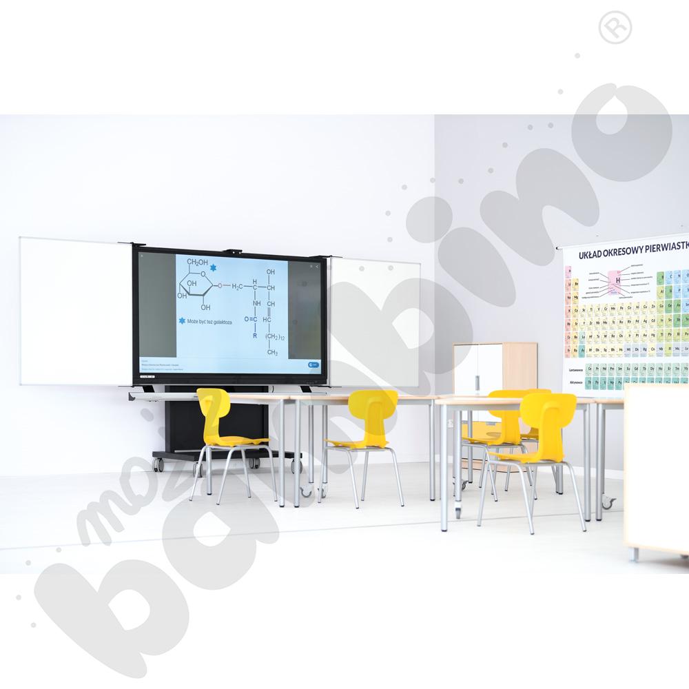 Stół Mila trójkątny 90x90x122, blat HPL biały, narożniki zaokrąglone, rozm. 6 z kółkiem