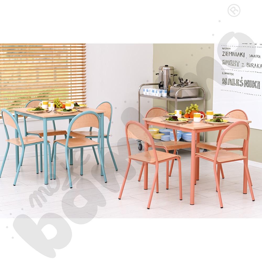 Stół Mila 80 x 80 klon jasny z 4 krzesłami P, rozm. 6, turkusowe
