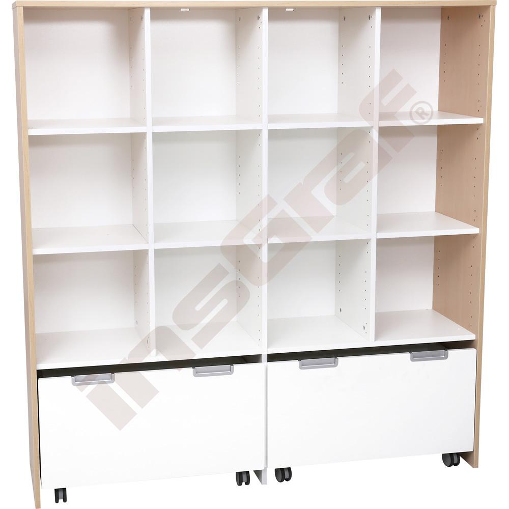 
Mehrfunktionen-Schrank XL mit 2 breiten Rollbehältern, B 154, Ahorn Jylland - weiß - offen (Quadro 42)
