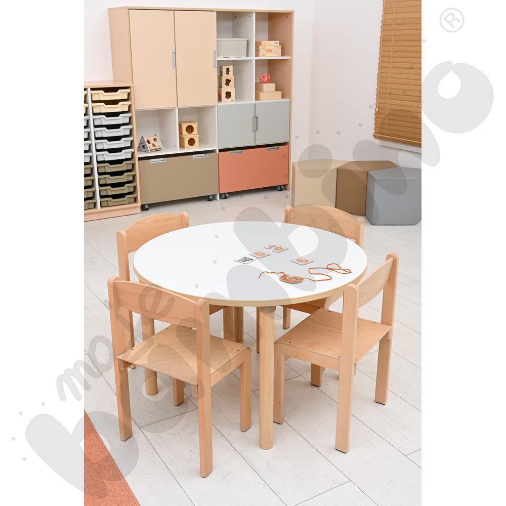 Stół Marcus okrągły 90 x 90 rozm. 3, stelaż drewniany brzozowy, stopka drewniana, blat HPL biały, narożniki zaokrąglone