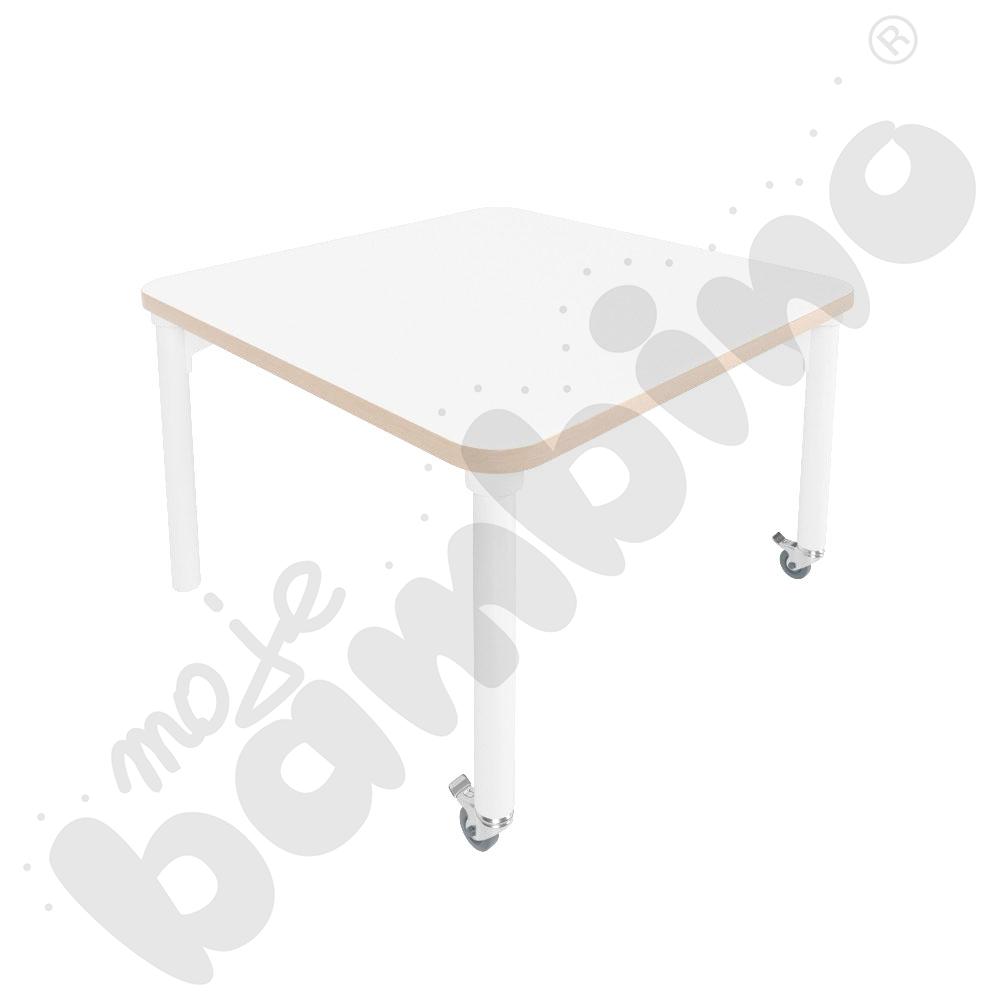 Stół Marcus 80 x 80 cm, rozm. 2, nogi drewniane białe z 2 kółkami, blat biały, obrzeże ABS