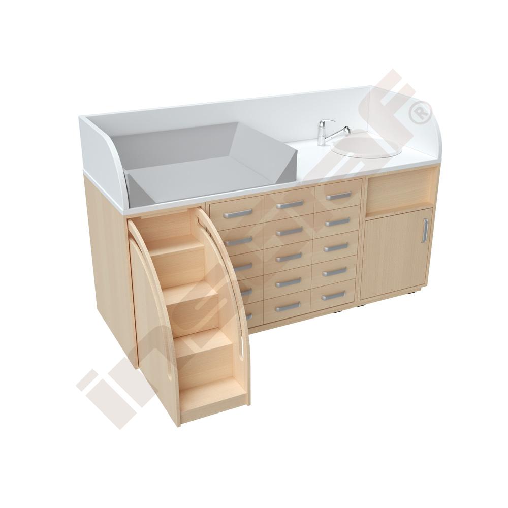 Wickelkommoden-Landschaft 6, T 75 cm, mit Waschbecken, Treppe links, Wickelauflage grau