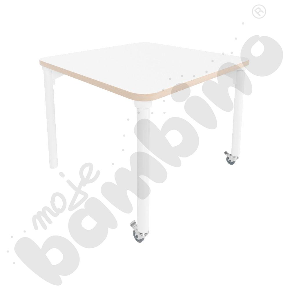 Stół Marcus 80 x 80 cm, rozm. 4, nogi drewniane białe z 2 kółkami, blat biały, obrzeże ABS