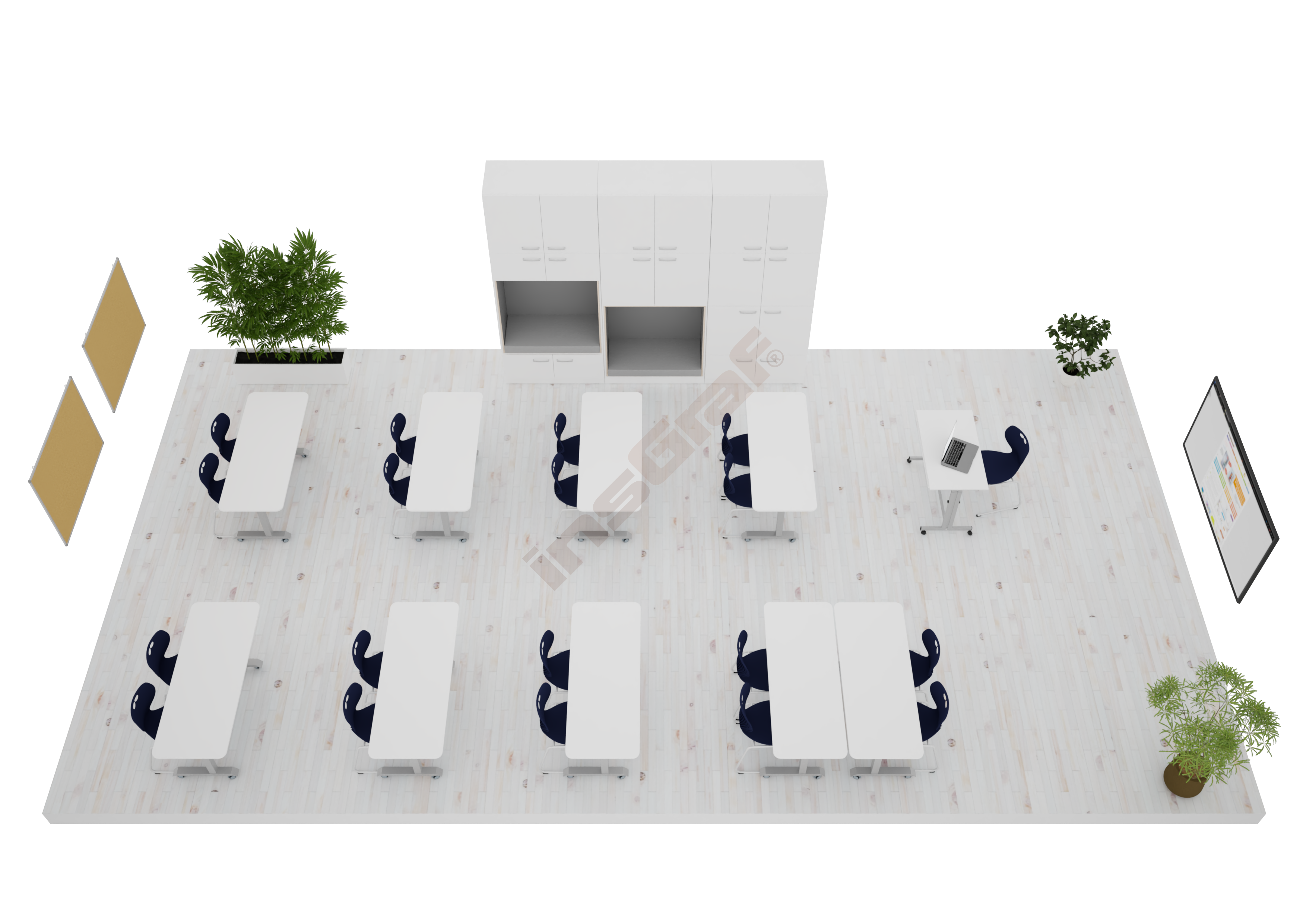 Klassenzimmer in Weiß mit Kufenstühlen Kapi