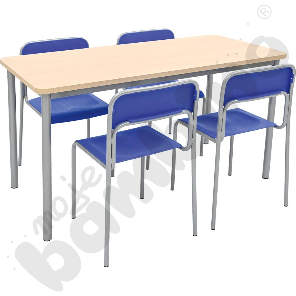 Stół Mila 140 x 70 brzoza z 4 krzesłami Next alu niebieskimi, rozm. 6