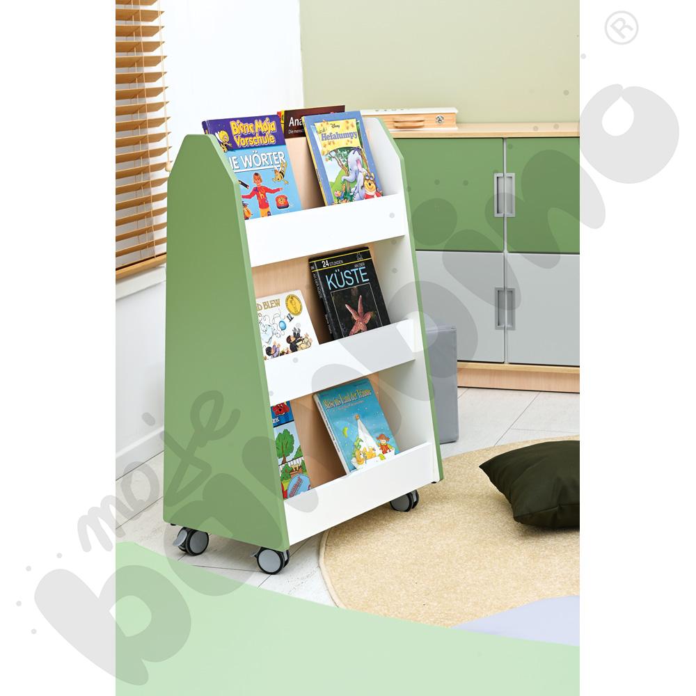 Quadro - dwustronna biblioteczka mobilna, oliwkowa, skrzynia klon jasny