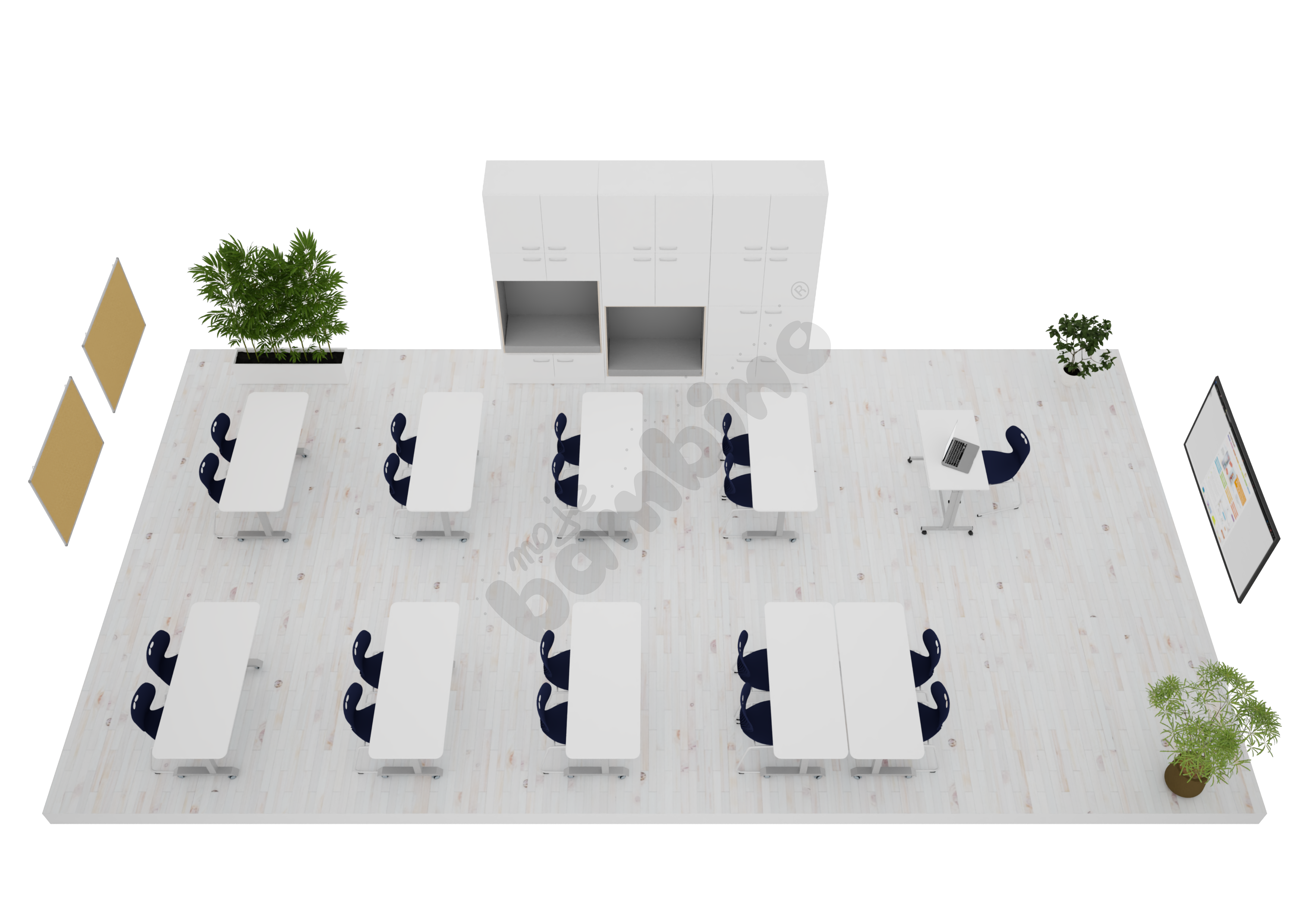 Sala szkolna w białej kolorystyce 