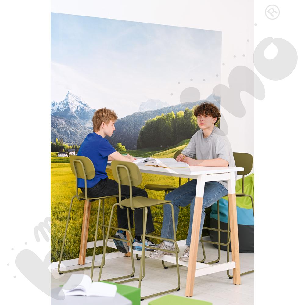 Stół wysoki OgiW biały z 4 hokerami wysokimi New School oliwkowymi