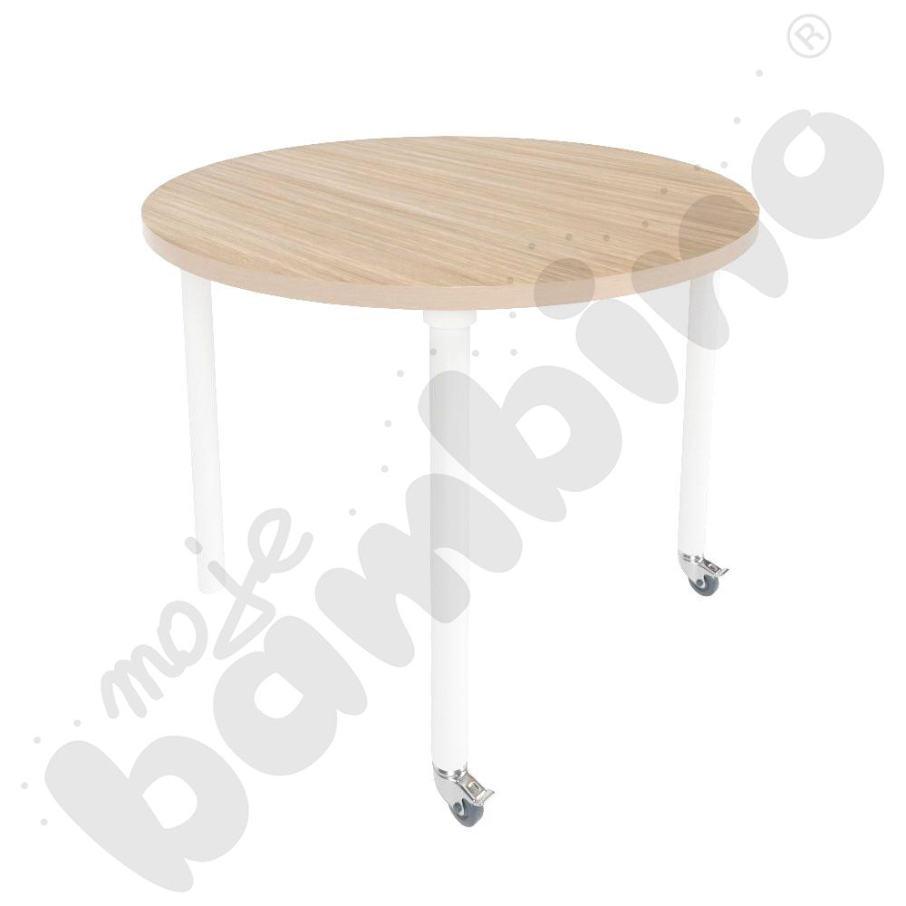 Stół Marcus śr. 90 cm, rozm. 5, nogi drewniane białe z 2 kółkami, blat klon, obrzeże ABS