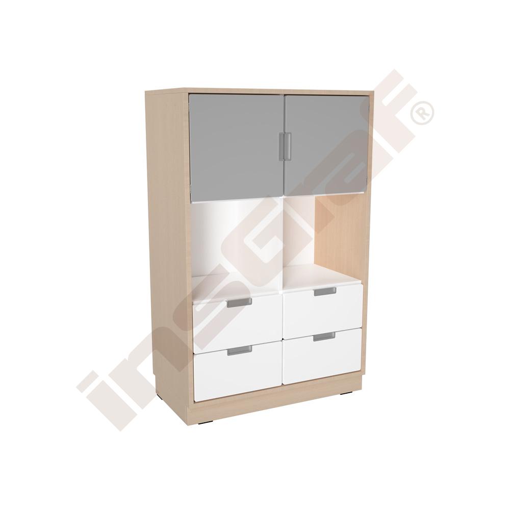
Schrank L mit Mittelwand, mit 4 Schubladen, Türen und offenen Fächern, B 79, Ahorn Jylland - weiß/grau (Quadro 234-180°)

