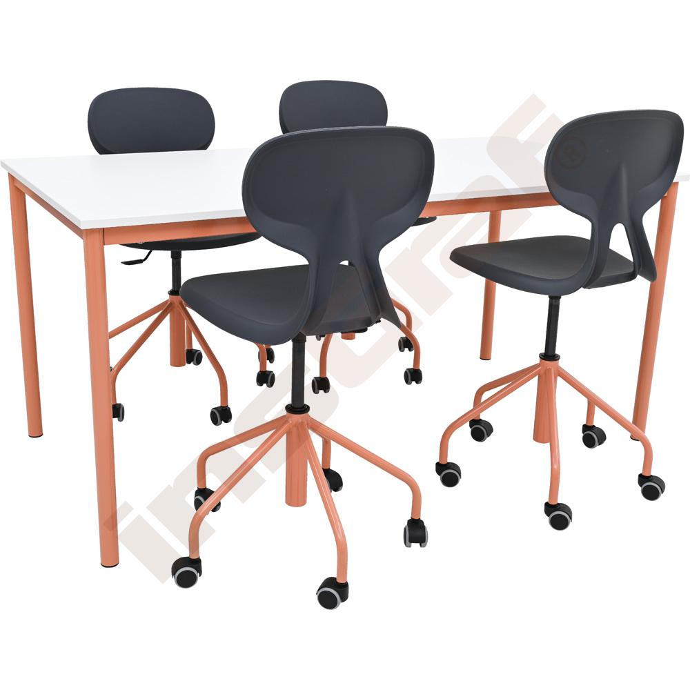 Stôl Mila 160 x 80 biely, púdrová konštrukcia, so 4 stoličkami Piano sivo-púdrovými, veľ. 6
