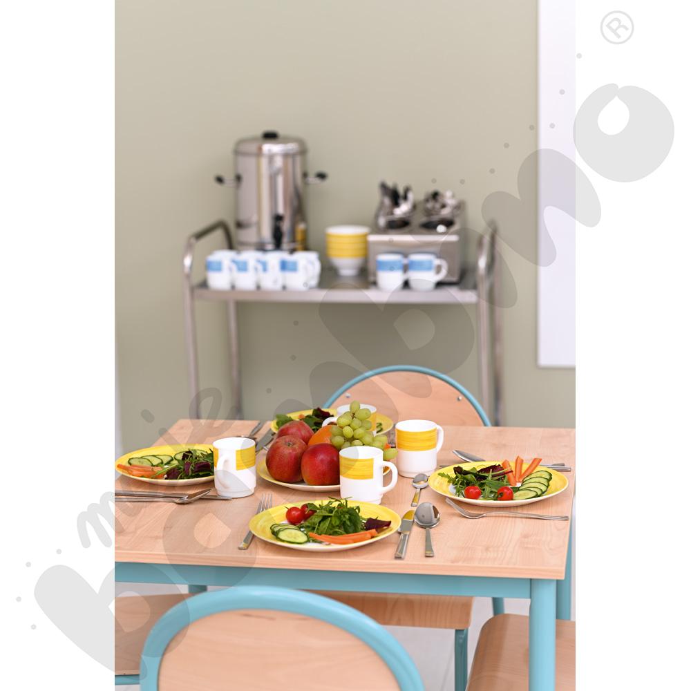 Stół Mila 80 x 80 klon jasny z 4 krzesłami P, rozm. 6, turkusowe