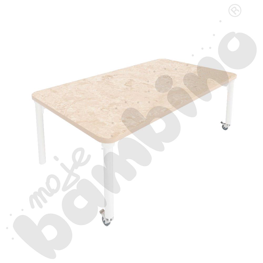 Stół Marcus 140 x 80 cm, rozm. 2, nogi drewniane białe z 2 kółkami, blat cichy beżowy, obrzeże ABS