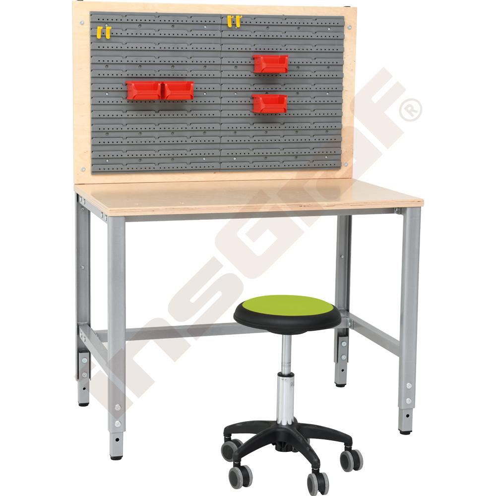 
Schülerarbeitsplatz mit Werkzeugwand und Hocker Genito H 38-48, lime
