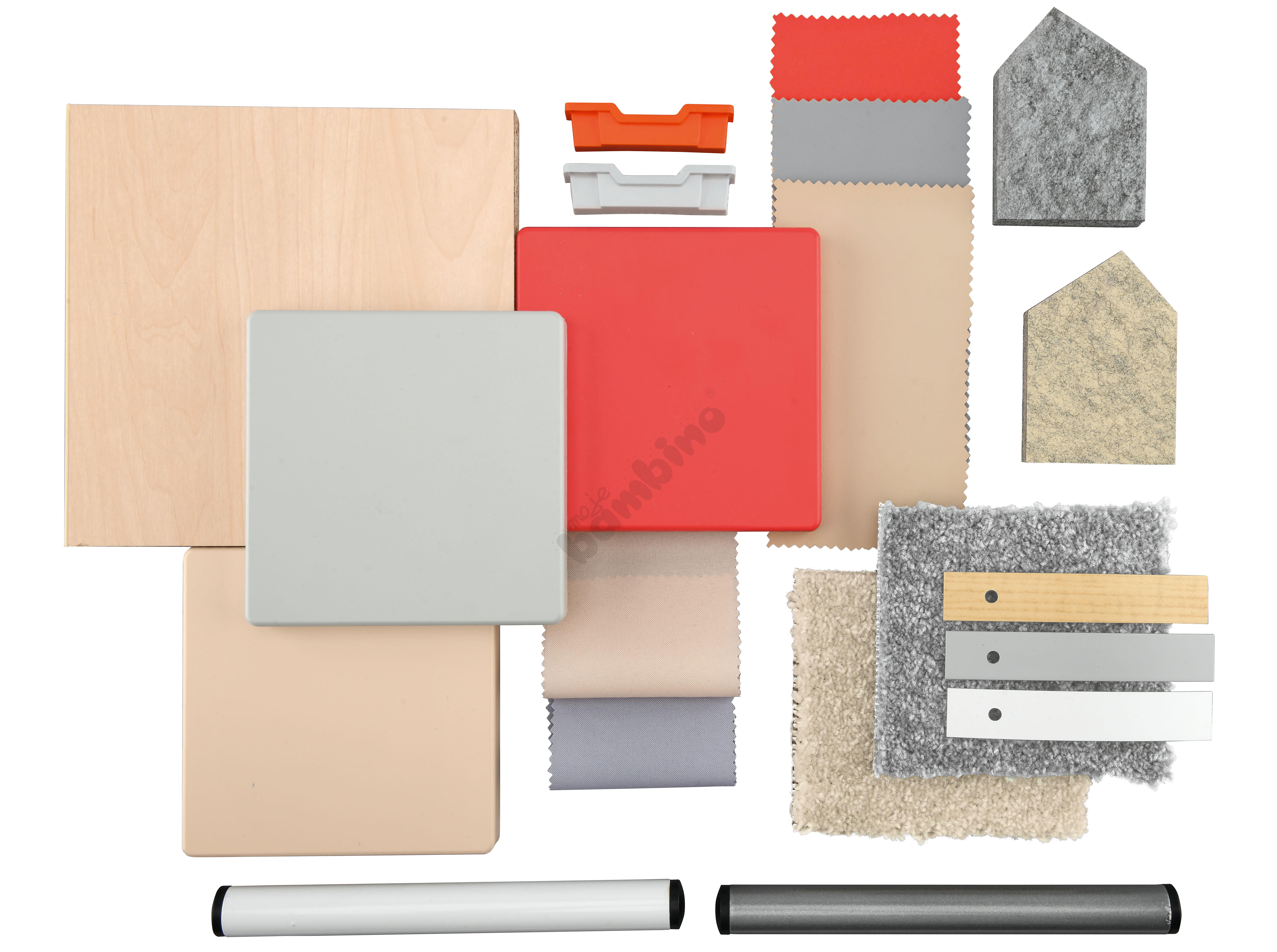 Sala przedszkolna Quadro w kolorystyce czerwono-szarej 