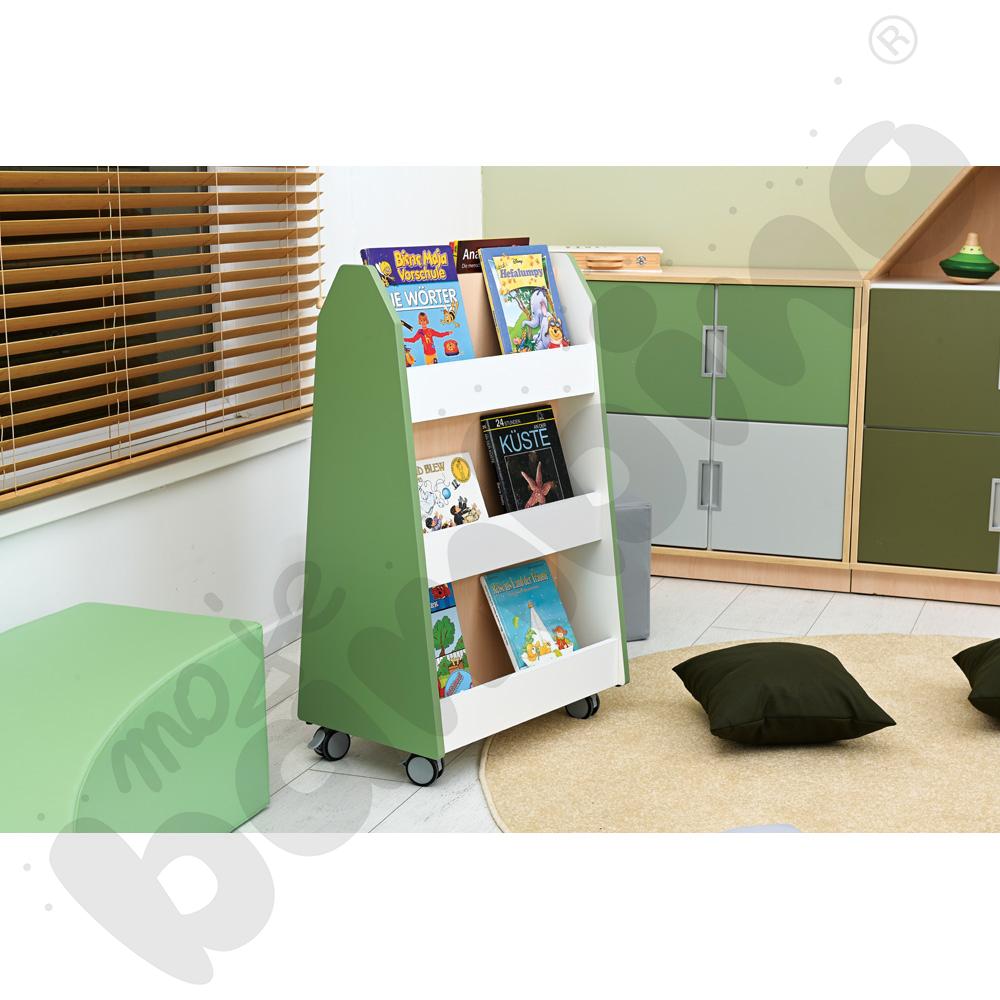 Quadro - dwustronna biblioteczka mobilna, oliwkowa, skrzynia klon jasny