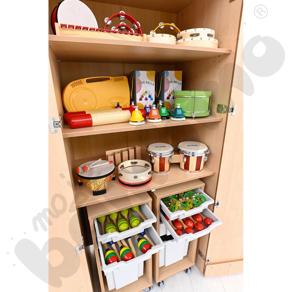 Szafa wysoka Flexi z mobilnymi organizerami i pojemnikami - jasnoszarymi