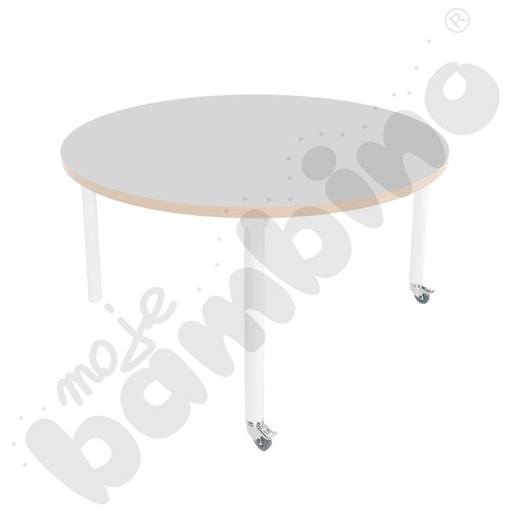 Stół Marcus śr. 120 cm, rozm. 4, nogi drewniane białe z 2 kółkami, blat jasnoszary, obrzeże ABS